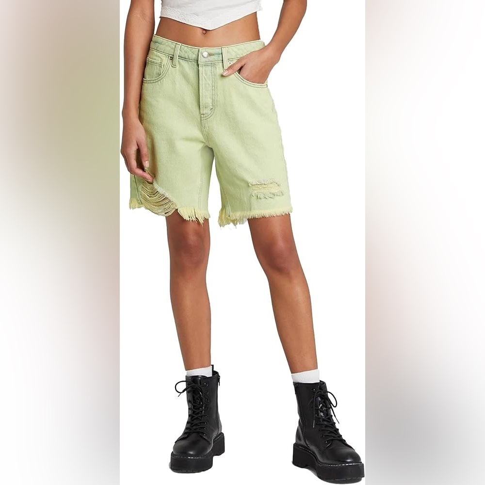 Wild Fable High-Rise Wide Leg Bermuda Lime Green Jean Shorts - Picture 2 of 7
